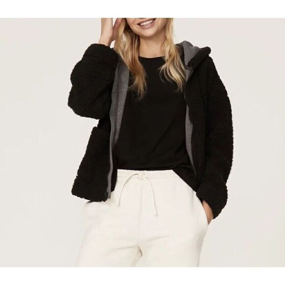 SPLENDID Womens Black Faux Shearling Jacket Sz Small S Hooded Patch-Pockets - Picture 1 of 10